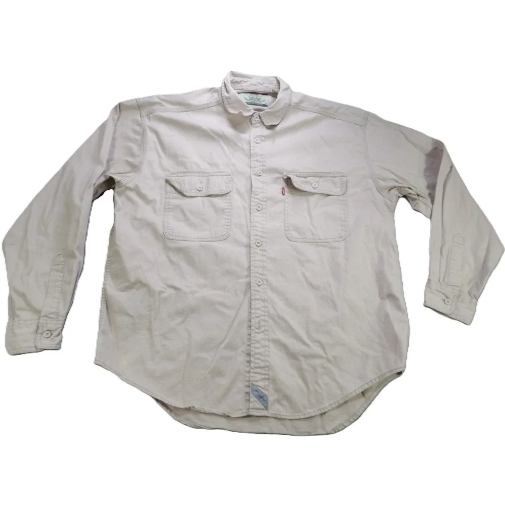 VTG Levis Authentic Workwear‎ Twill Shirt Men XL Khaki Button Up 90s Embroidered